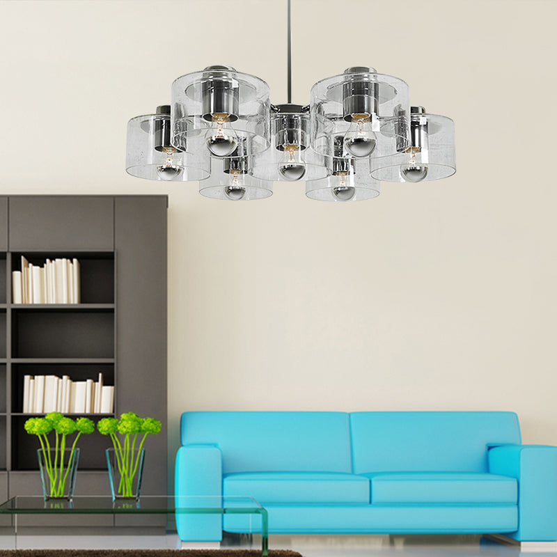 Simple Chrome E27 Chandelier With Clear Glass: Study Room Pendant Lighting (7 Heads)