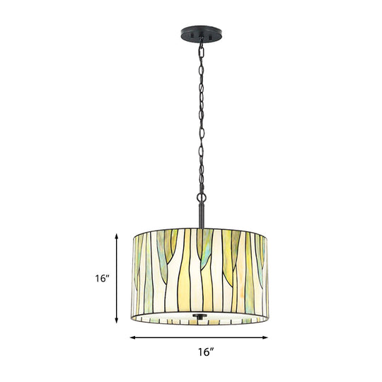 Handcrafted Tiffany Style Yellow Drum Suspension Lamp For Living Room
