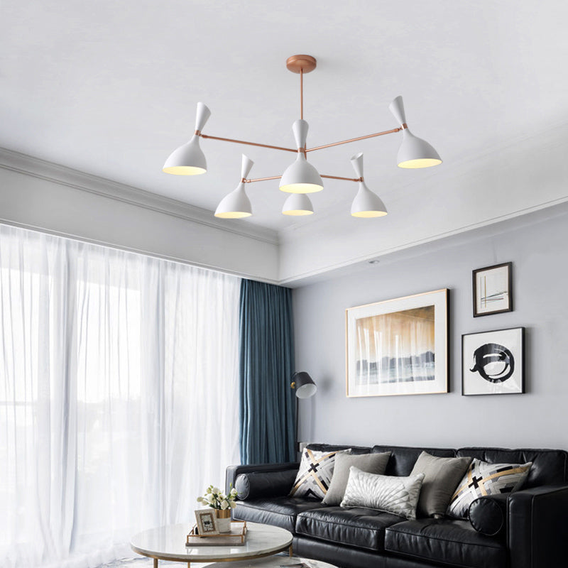 Contemporary Brass Funnel Chandelier With Black/White Shade - Livens Up Your Living Room! 6 / White