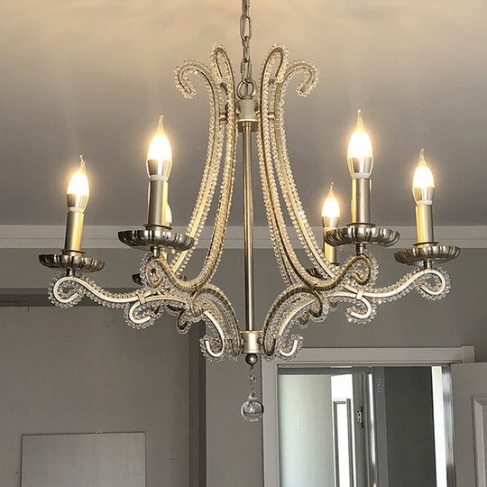 Crystal Beaded Chandelier With 6 Lights In Countryside Silver Candle Style - Perfect For Living Room