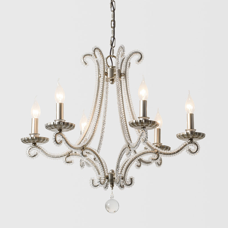 Crystal Bead Coated Chandelier - 6 Lights - Countryside Silver Candle Style - Ideal for Living Room - Ceiling Light Fixture
