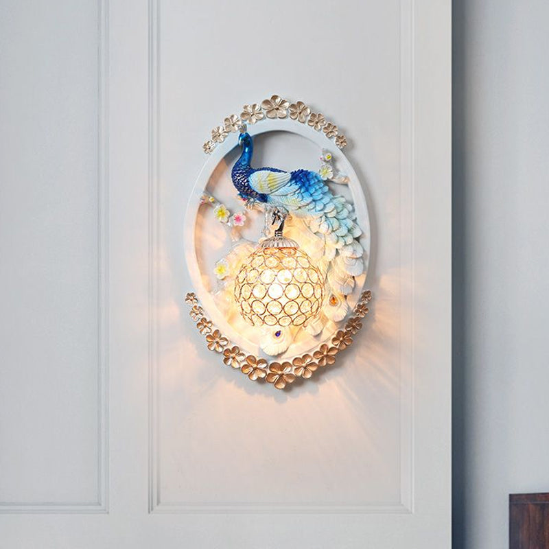 K9 Crystal Ball Peacock Design Wall Sconce - Contemporary Blue & White Living Room Lighting Light