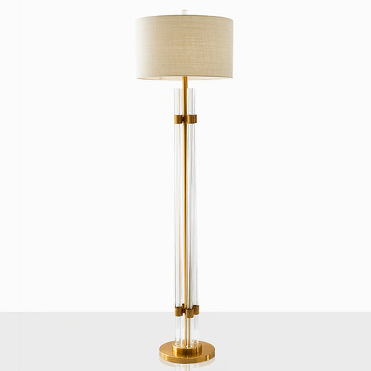 Nordic Crystal Floor Lamp With Led Beige Lighting And Drum Fabric Shade