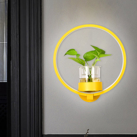 Macaron Metal Led Wall Sconce With Plant Pot For Bedroom - Grey/Yellow/Blue Yellow / Round