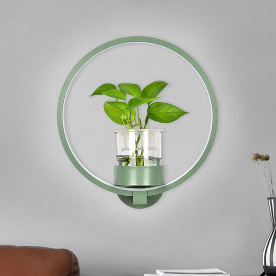 Macaron Metal Led Wall Sconce With Plant Pot For Bedroom - Grey/Yellow/Blue Green / Round