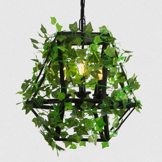 Industrial Green Iron Ceiling Chandelier with 3-Lights, Fake Plant and Cage - Restaurant Pendant Lamp