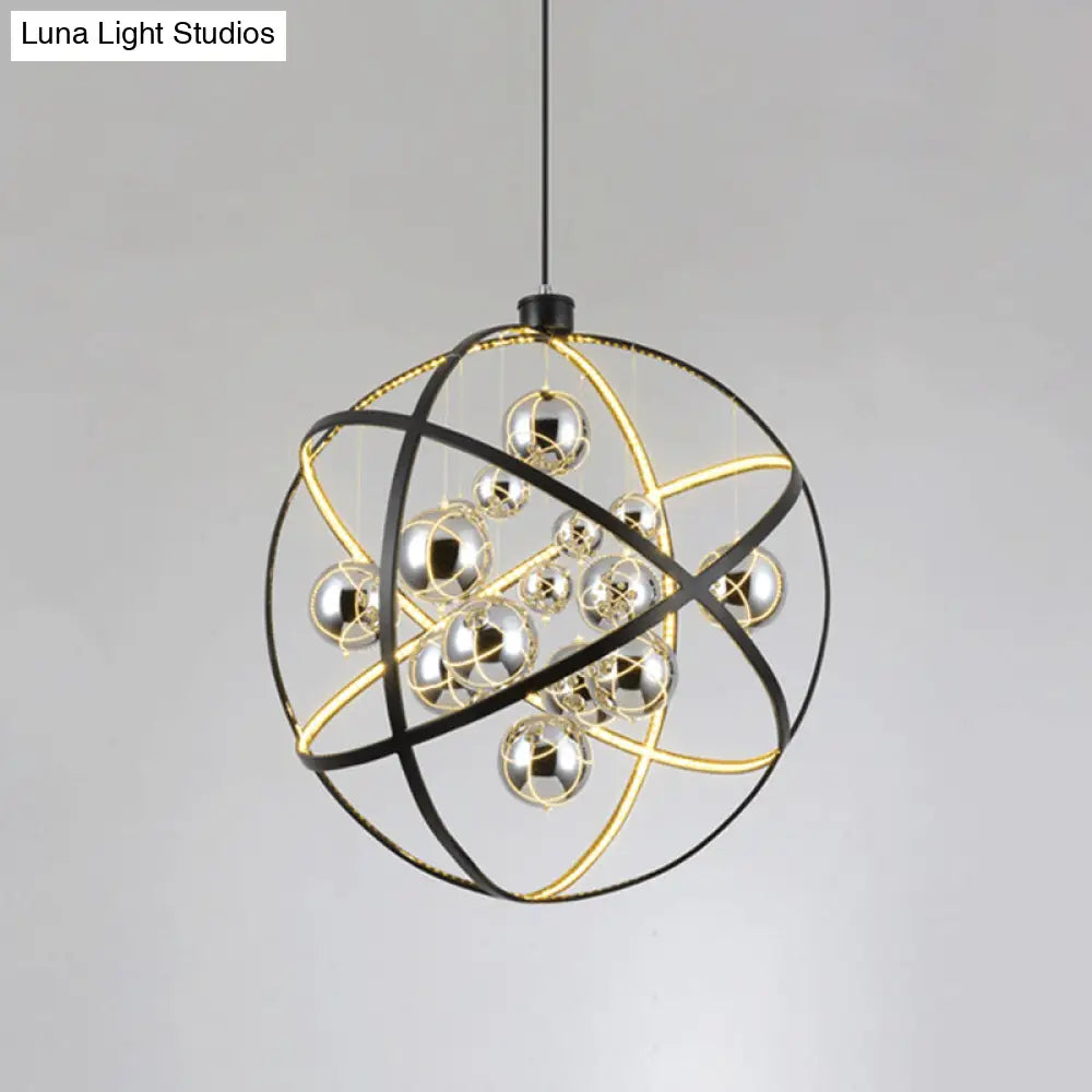 19.5’/31.5’ Black Led Pendant Chandelier - Industrial Iron Globe Ceiling Light With Chrome