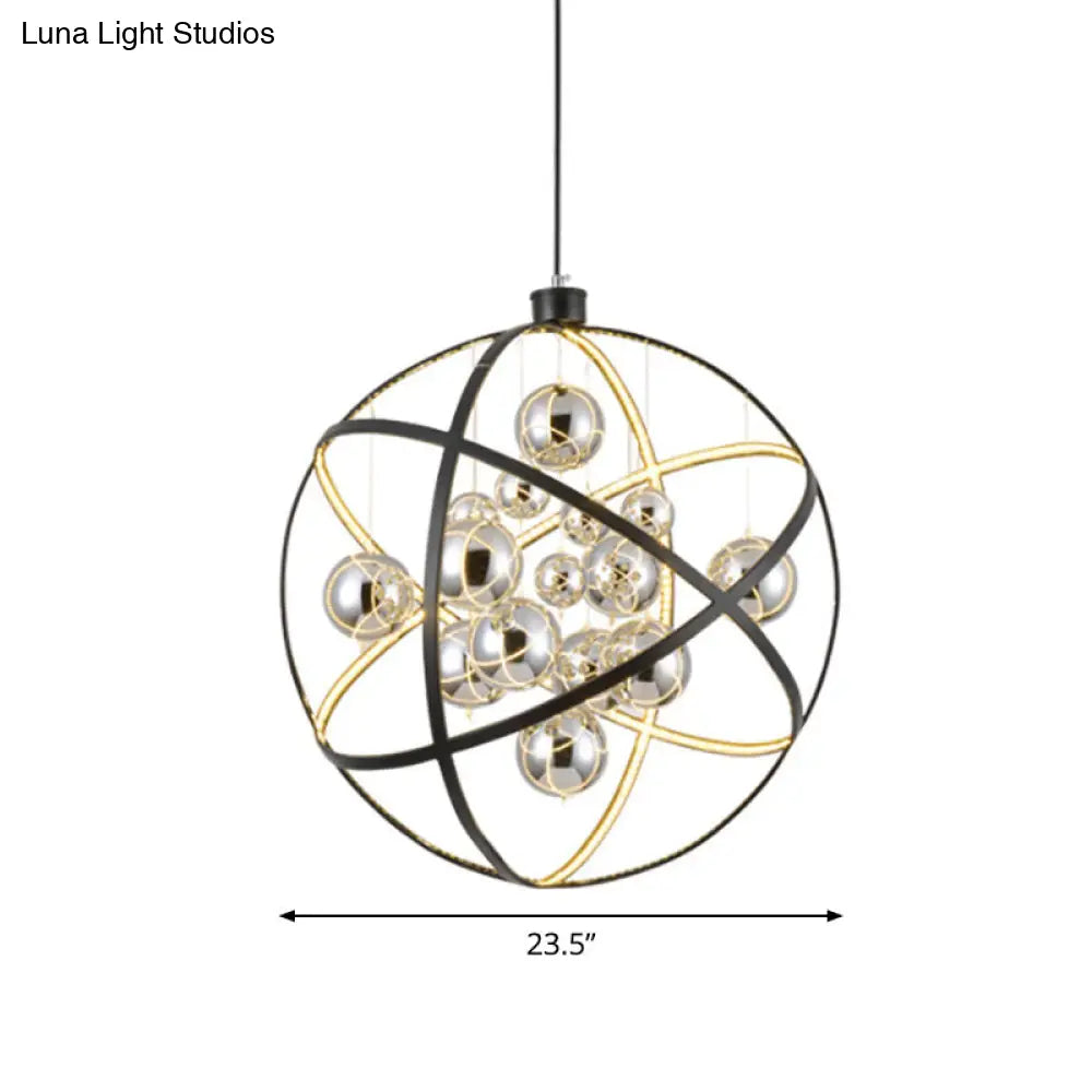 19.5/31.5 W Black Led Pendant Chandelier With Globe Iron Frame: Industrial Ceiling Hang Light In