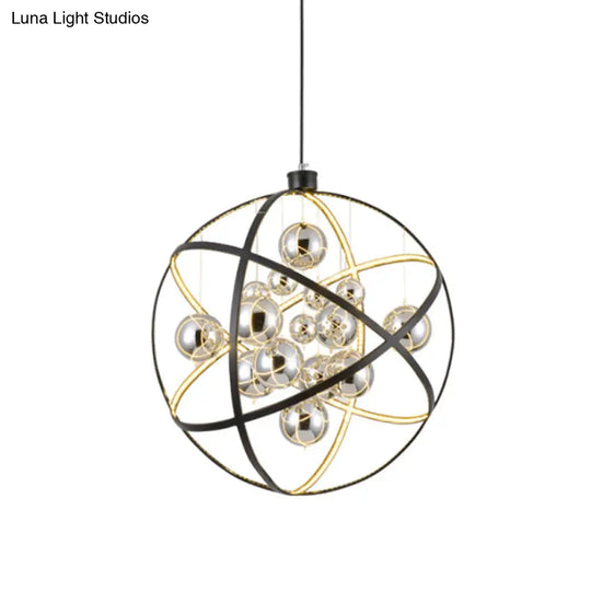 19.5/31.5 W Black Led Pendant Chandelier With Globe Iron Frame: Industrial Ceiling Hang Light In