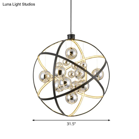 19.5’/31.5’ Black Led Pendant Chandelier - Industrial Iron Globe Ceiling Light With Chrome