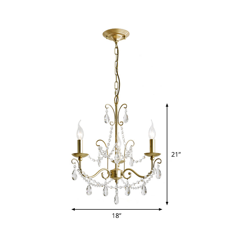 Traditional Candle Hanging Lamp Metal Chandelier (3/6 Heads) In Champagne With Crystal Decor