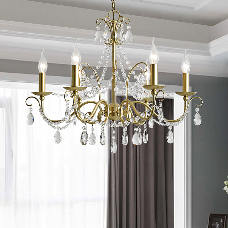Traditional Candle Hanging Lamp Metal Chandelier (3/6 Heads) In Champagne With Crystal Decor 6 /