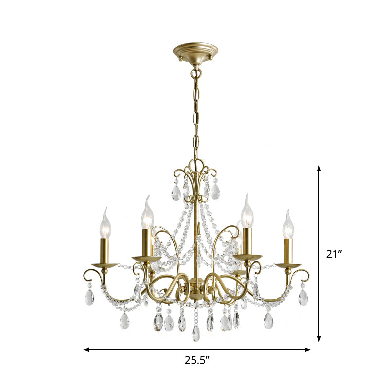 Traditional Candle Hanging Lamp Metal Chandelier (3/6 Heads) In Champagne With Crystal Decor