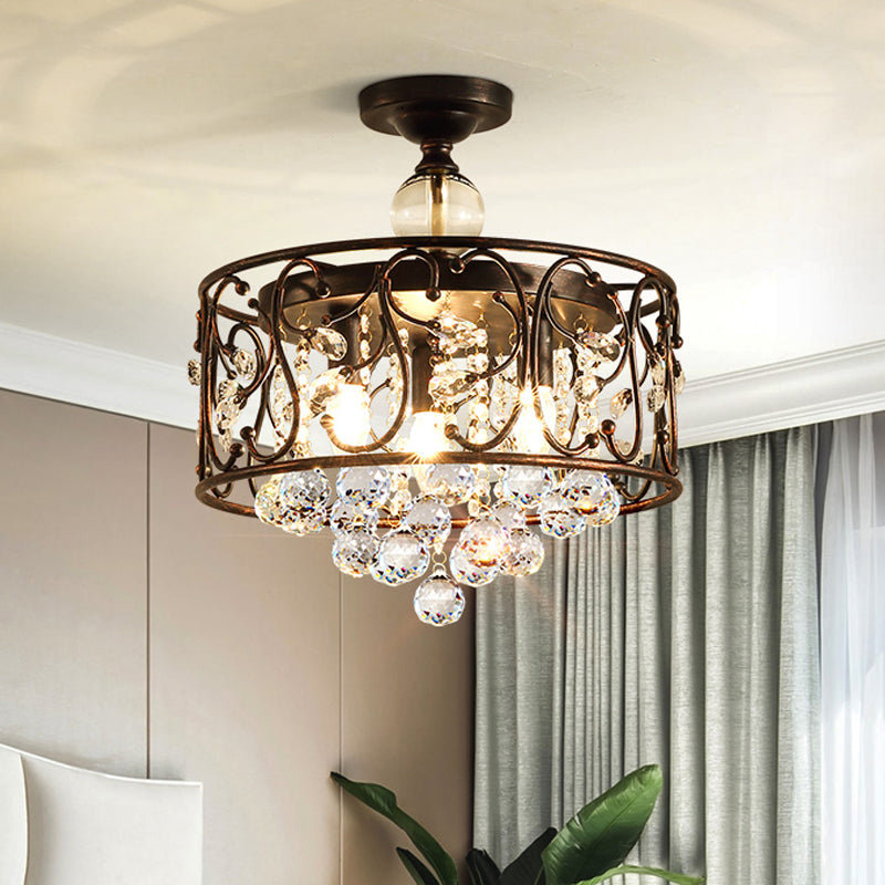 Countryside 3-Head Iron Cylinder Ceiling Light Fixture: Bedroom Semi Flushmount Lamp In Rust With