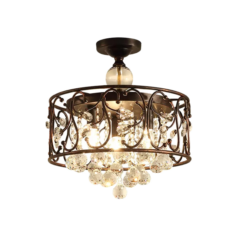 Countryside 3-Head Iron Cylinder Ceiling Light Fixture: Bedroom Semi Flushmount Lamp In Rust With