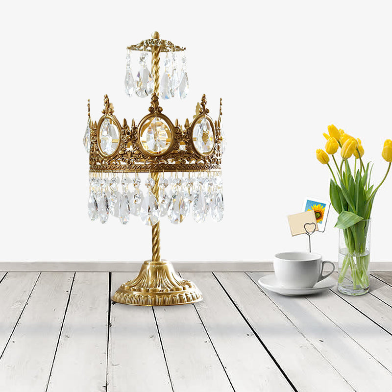 Vintage Crown Shaped Crystal Brass Nightstand Lamp - Bedroom Table Lighting