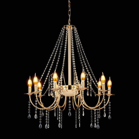 Retro Crystal Chandelier With 8 Hanging Candle Lights And Gold Swoop Arm