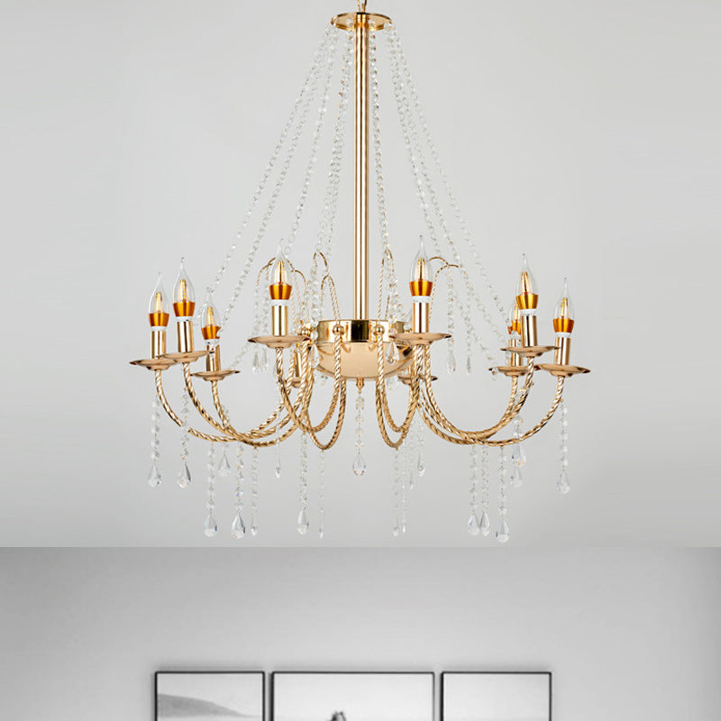 8-Light Retro Crystal Chain Hanging Chandelier with Gold Swoop Arm