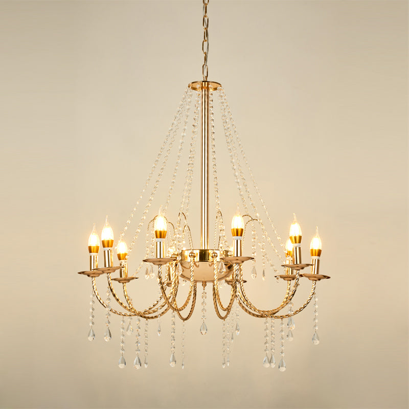 8-Light Retro Crystal Chain Hanging Chandelier with Gold Swoop Arm