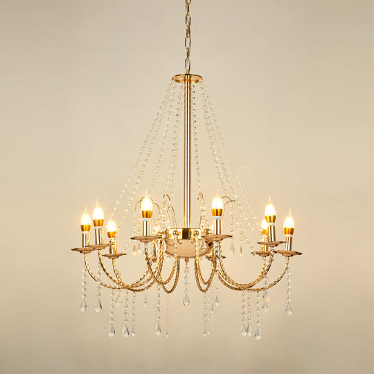 Retro Crystal Chandelier With 8 Hanging Candle Lights And Gold Swoop Arm