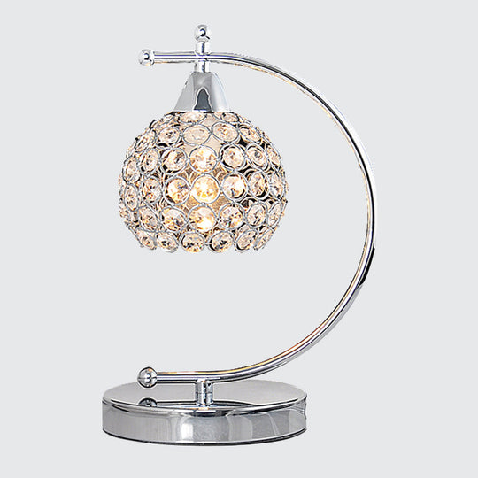 Nordic Domed Crystal Table Lamp - Small Desk Lighting With Arched Arm In Silver