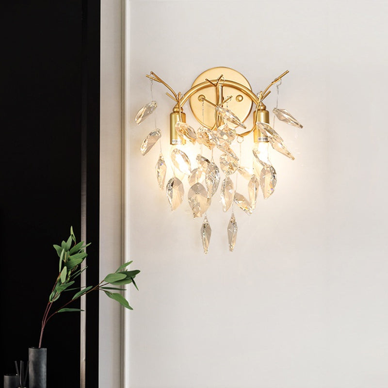 Contemporary Gold Crystal Leaf Wall Lamp With 2 Bulbs - Mounted Lighting For Living Room