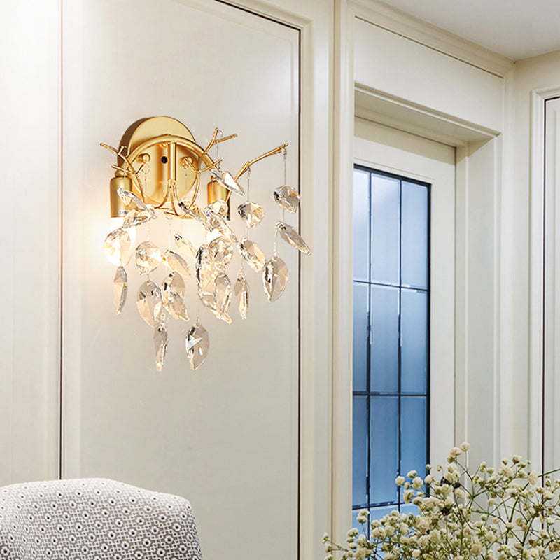 Contemporary Gold Crystal Leaf Wall Lamp With 2 Bulbs - Mounted Lighting For Living Room