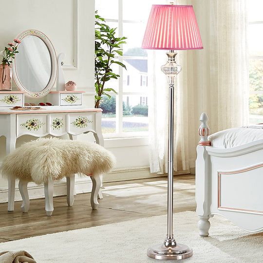 Crystal Urn-Shaped Living Room Floor Lamp - Pink 1-Bulb Standing Light With Cone Fabric Shade