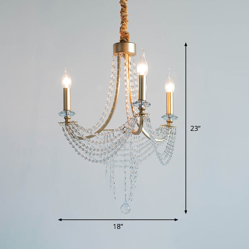 Rustic Iron 3-Headed Bedroom Pendant Light with Crystal Accents - Champagne Swooping Arm Candle Chandelier