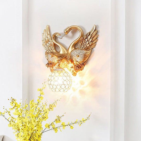 Modern Gold Swan Wall Sconce With Crystal Shade - 1-Light Bedroom Lighting