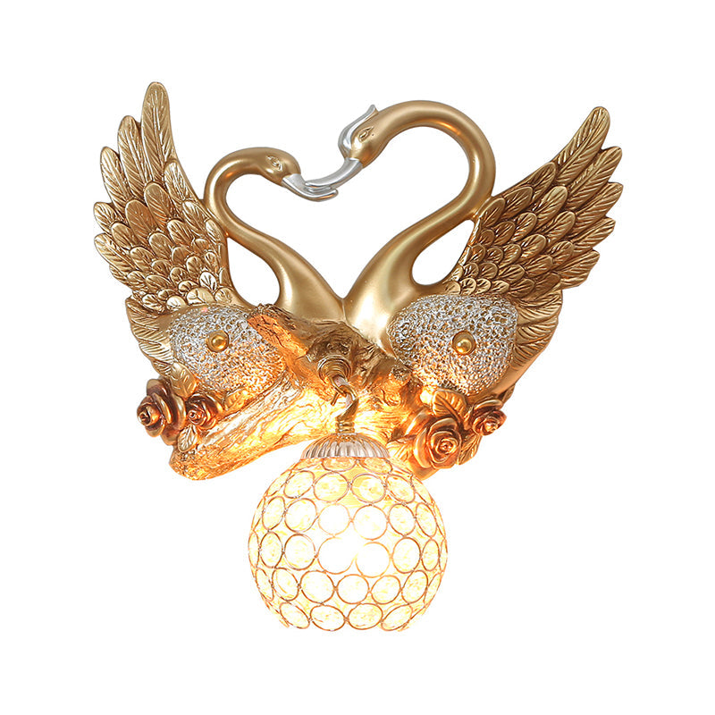 Modern Gold Swan Wall Sconce With Crystal Shade - 1-Light Bedroom Lighting