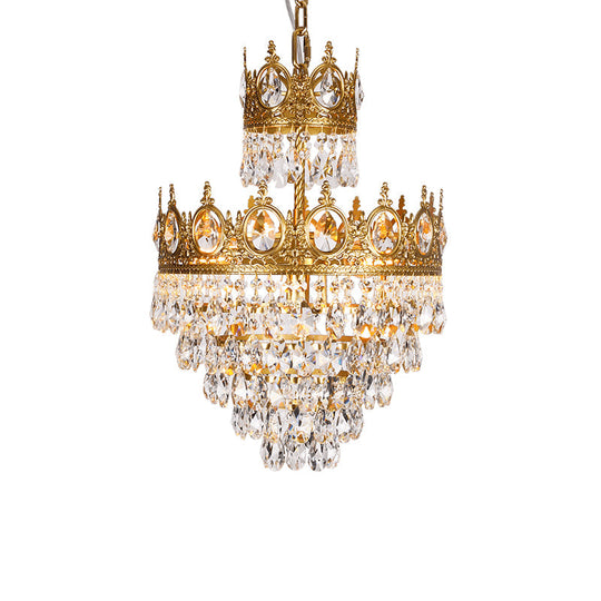Tiered Tapered Chandelier - Clear Teardrop Crystal Hanging Lamp With Gold Crown Top 3-Light