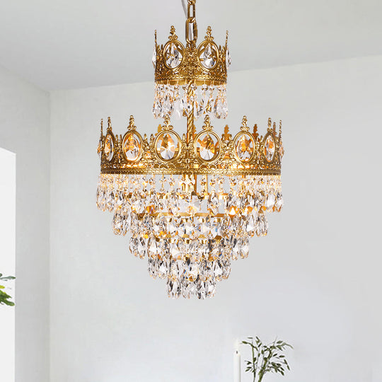 Tiered Tapered Chandelier with Clear Teardrop Crystals - Traditional Style, Gold Crown Top