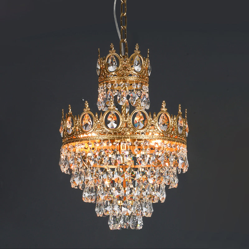 Tiered Tapered Chandelier with Clear Teardrop Crystals - Traditional Style, Gold Crown Top