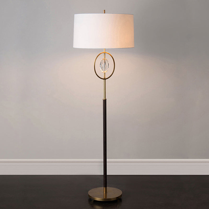 Classic Metal Floor Lamp With Ring Frame Shade Barrel Fabric And Crystal Accent Brass
