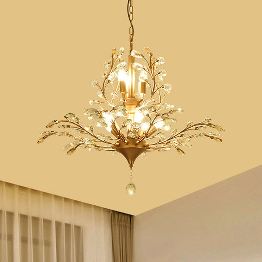 Gold Tree Crystal Pendant Light - Rural 8-Bulb Suspension Chandelier - 19.5"/21.5" High - Dining Table Ceiling Fixture