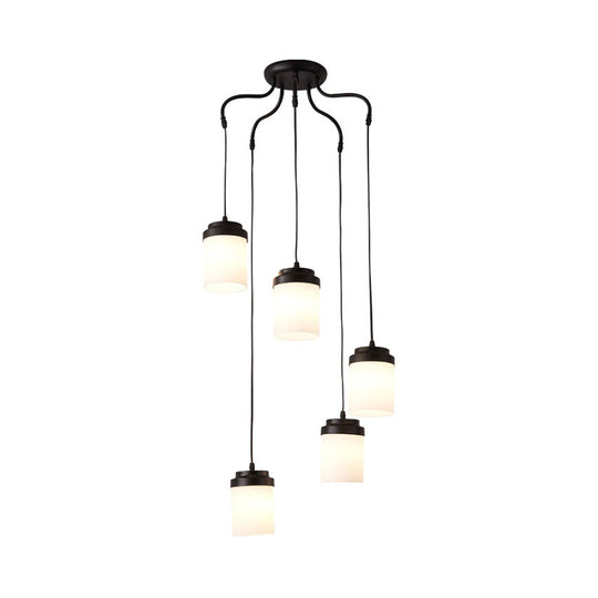 Contemporary Frosted Glass Pendant Lamp: Cylinder Shade Hanging Light In Black & White Perfect For