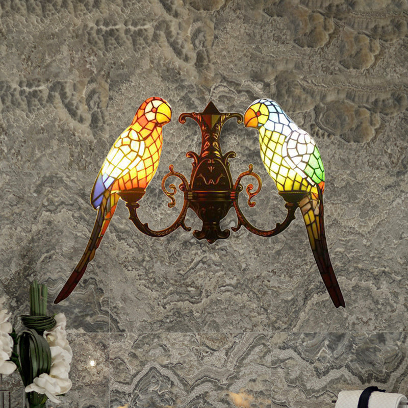 Rustic Stained Glass Parrot Wall Sconce For Living Room Lighting Antique Brass