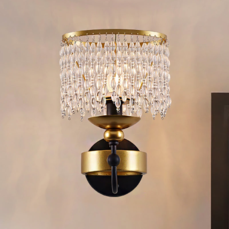 Vintage Metallic Ring Wall Lamp With Crystal Beaded Strand - 1 Bulb Brass Bedside Lighting