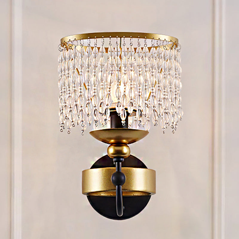 Vintage Metallic Ring Wall Lamp With Crystal Beaded Strand - 1 Bulb Brass Bedside Lighting