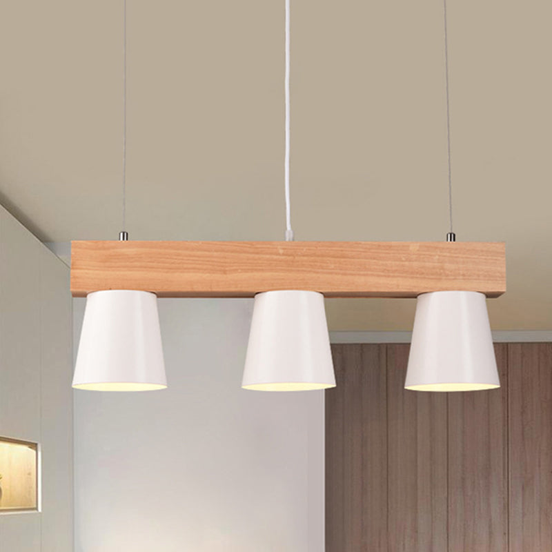 Nordic Metal 3-Head Conical Frustum Pendant Light - White Island Suspension Lamp With Wood Beam