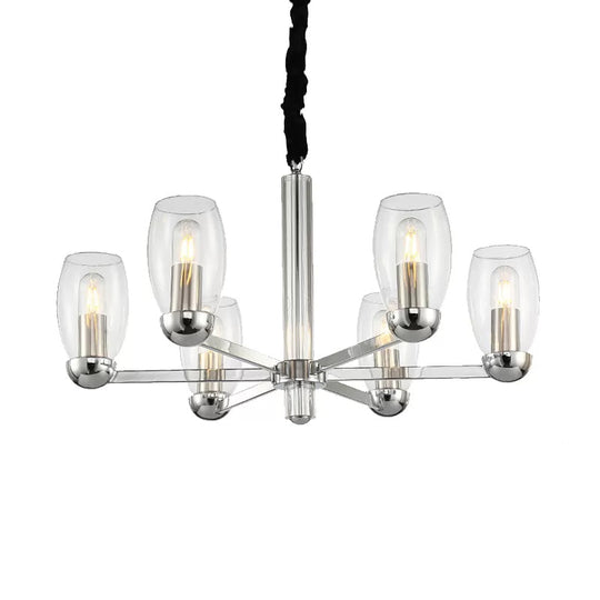 Modern 6-Head Clear Glass Candle Chandelier: Chrome Ceiling Pendant Fixture with Adjustable Chain