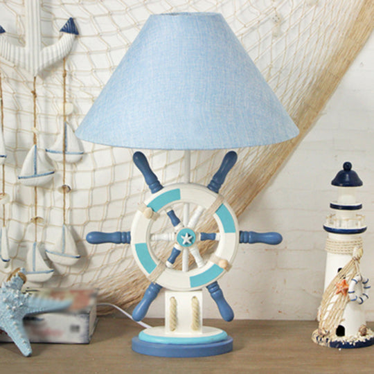 Kids Wooden Table Light - Lifebuoy/Rudder 5-Light Blue Nightstand Lamp With Conical Fabric Shade / E