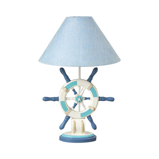 Kids Wooden Table Light - Lifebuoy/Rudder 5-Light Blue Nightstand Lamp With Conical Fabric Shade