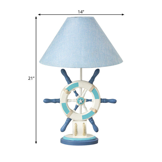 Kids Wooden Table Light - Lifebuoy/Rudder 5-Light Blue Nightstand Lamp With Conical Fabric Shade