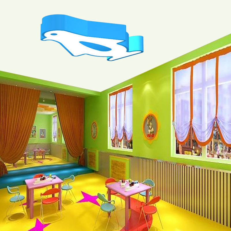Penguin Led Flush Mount Lighting For Kids Metal Kindergarten Ceiling Lamp - Red/Pink/Yellow Blue