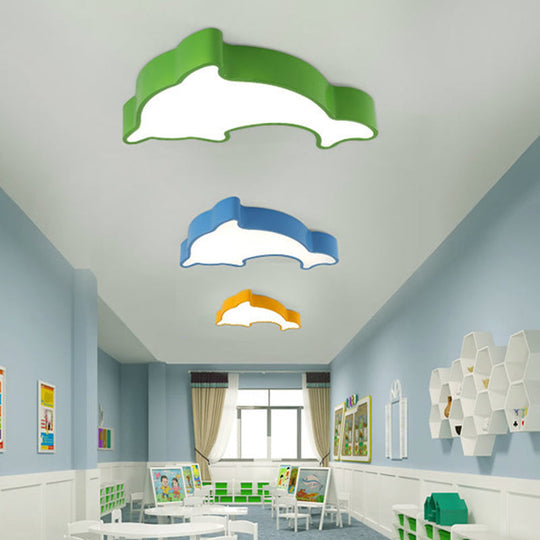 Ocean-Inspired Dolphin Led Nursery Ceiling Lamp Acrylic Cartoon Flush Mount Light Fixture In Red