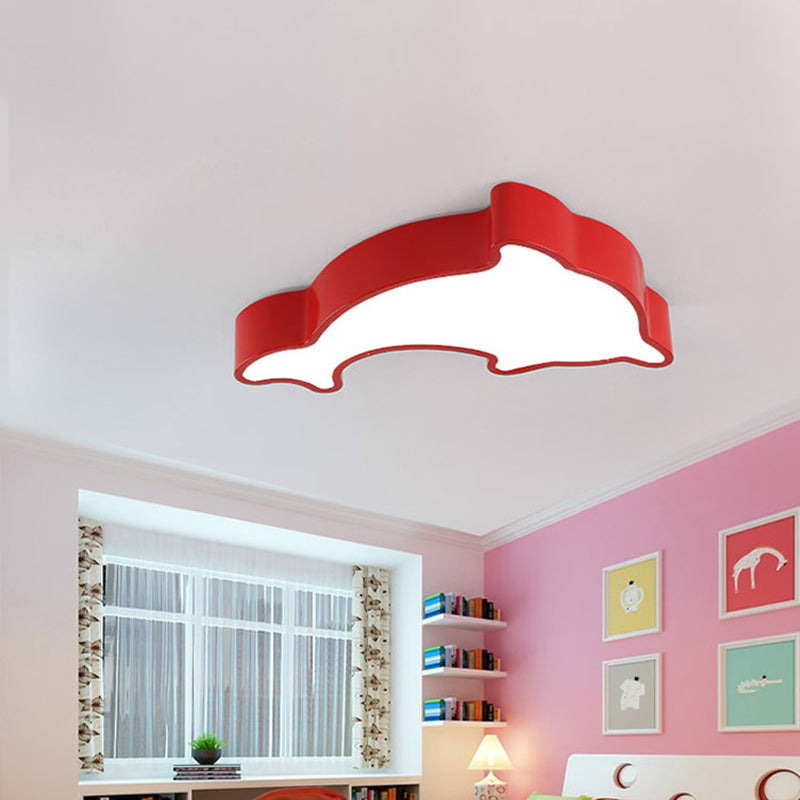 Ocean-Inspired Dolphin LED Nursery Ceiling Lamp Acrylic Cartoon Flush Mount Light Fixture in Red, Yellow, or Blue with 19.5" or 23.5" Width