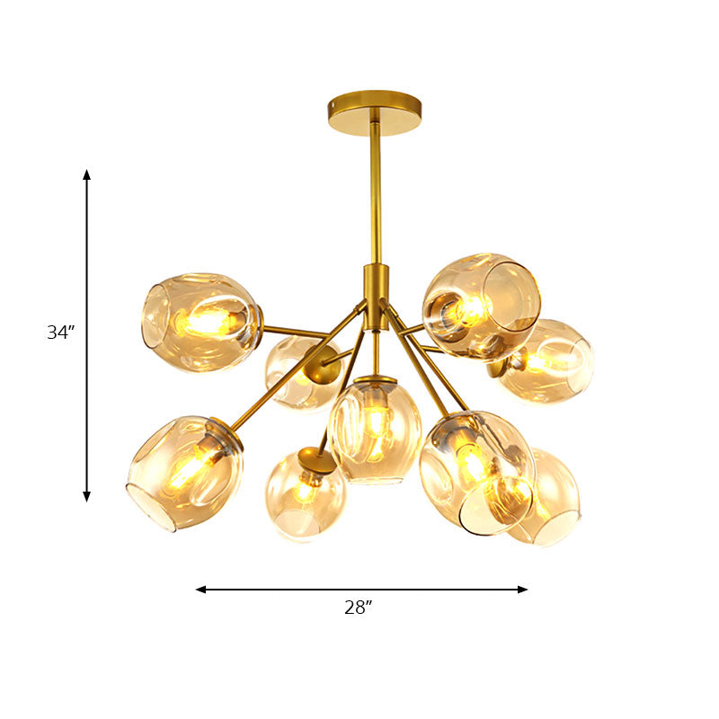 Modern Gold Hanging Lamp With Amber Glass Shade - 7/9/13 Lights Branch Chandelier