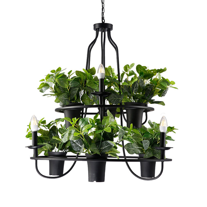 Vintage Bonsai Ceiling Chandelier with Iron Pendant Light in Black, 3/6 Bulbs, 1/2-Layer Design, 19.5"/27.5" Width